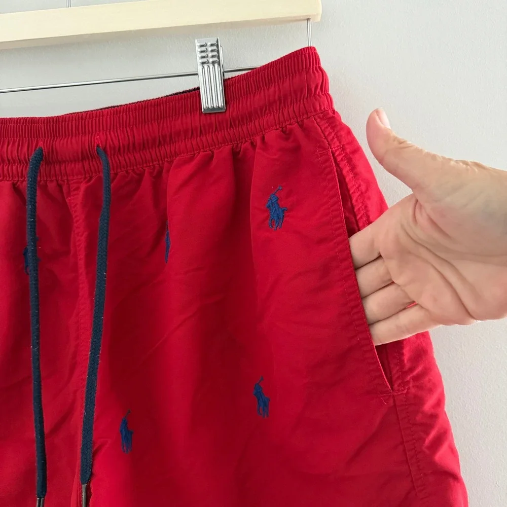 Polo Ralph Lauren Mens Red Blue Pony Embroidered Swim Trunks M Preppy Nautical